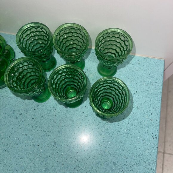 MCM Glasses Green Bubble Genie Bottle Decanter With Cordial Set of 6 - Picture 3 of 10